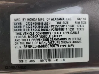 2013 Honda Odyssey EX-L with VIN 5FNRL5H68DB070079, listed as a Copart auction lot 52183895 with 173,428 mi miles and Clean title. Bid and sale history available at DreamBid. Image 14.