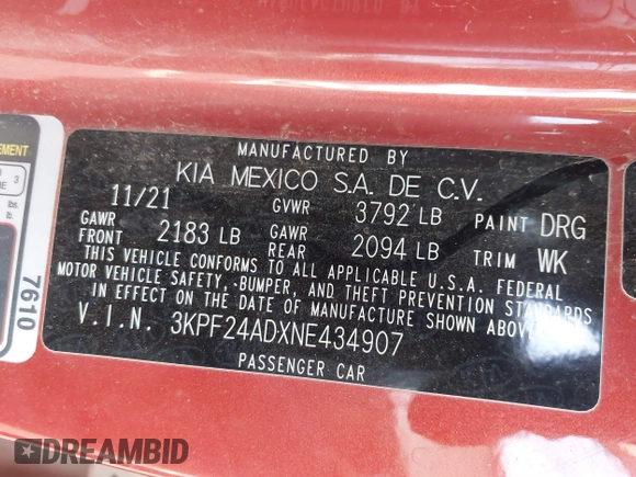 2022 Kia Forte LXS with VIN 3KPF24ADXNE434907, listed as a IAAI auction lot 41577878 with 95,737 mi miles. Bid and sale history available at carsss.com. Image 9.