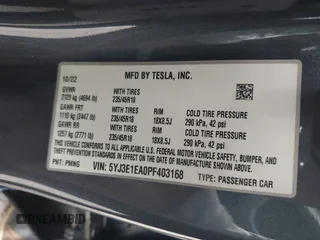 2023 Tesla Model 3 z VIN 5YJ3E1EA0PF403168, wystawiony jako IAAI lot #42002584 z przebiegiem 35 875 mil mil oraz . Historia ofert i sprzedaży dostępna na DreamBid. Obrazek 9.