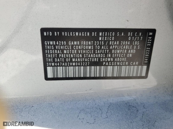 2017 Volkswagen Golf GTI S with VIN 3VW447AU2HM043227, listed as a Copart auction lot 48939595 with 65,438 mi miles and Salvage Title. Bid and sale history available at carsss.com. Image 13.