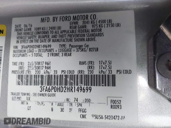 2017 Ford Fusion SE z VIN 3FA6P0HD2HR149699, wystawiony jako IAAI lot #41872383 z przebiegiem 95 587 mil mil oraz . Historia ofert i sprzedaży dostępna na DreamBid. Obrazek 9.