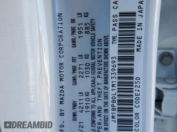 2021 Mazda 3 with VIN JM1BPBDL1M1339693, listed as a Copart auction lot 82402463 with 13,024 mi miles and . Bid and sale history available at DreamBid. Image 12.