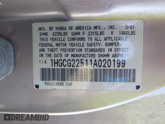 2001 Honda Accord EX с VIN 1HGCG22511A020199, выставлен на аукционе IAAI как лот 42240743 с пробегом 187 821 миль миль и . История ставок и продаж доступна на DreamBid. Изображение 9.