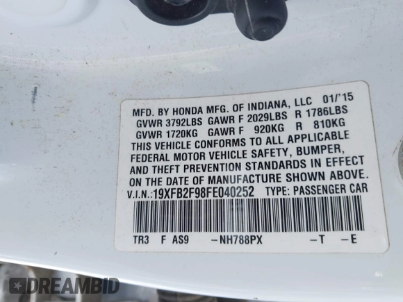 2015 Honda Civic EX-L with VIN 19XFB2F98FE040252, listed as a IAAI auction lot 41617619 with 107,667 mi miles and . Bid and sale history available at DreamBid. Image 9.