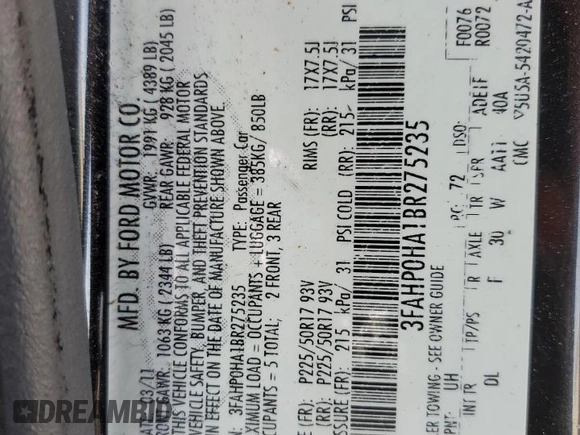 2011 Ford Fusion SE with VIN 3FAHP0HA1BR275235, listed as a Copart auction lot 54533125 with 137,027 mi miles and Salvage Title. Bid and sale history available at DreamBid. Image 13.