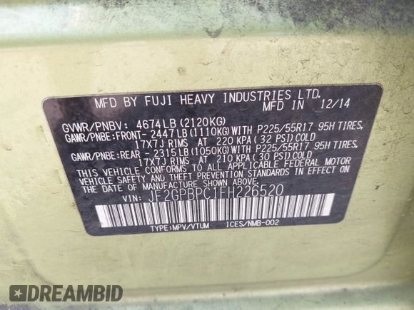 2015 Subaru Crosstrek Touring with VIN JF2GPBPC1FH226520, listed as a IAAI auction lot 42559931 with 160,279 mi miles and . Bid and sale history available at DreamBid. Image 9.