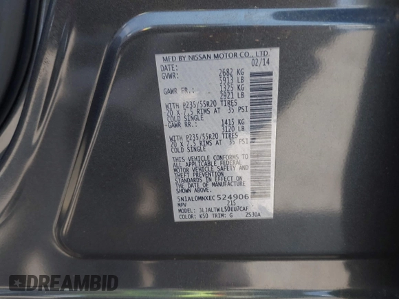 2014 Infiniti QX60 with VIN 5N1AL0MNXEC524906, listed as a IAAI auction lot 42106134 with 109,280 mi miles. Bid and sale history available at carsss.com. Image 9.