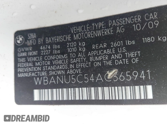 2010 BMW 5 Series 528i with VIN WBANU5C54AC365941, listed as a IAAI auction lot 41796704 with 129,832 mi miles and . Bid and sale history available at carsss.com. Image 9.