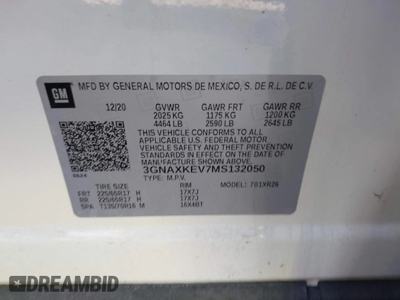 2021 Chevrolet Equinox LT with VIN 3GNAXKEV7MS132050, listed as a IAAI auction lot 41770065 with 116,921 mi miles and . Bid and sale history available at DreamBid. Image 9.