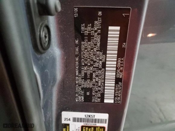 2007 Toyota Tundra SR5 with VIN 5TFBT54187X002628, listed as a Copart auction lot 50198305 with 219,028 mi miles and Salvage Title. Bid and sale history available at carsss.com. Image 12.