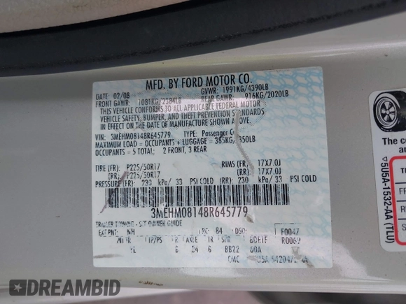 2008 Mercury Milan Premier с VIN 3MEHM08148R645779, выставлен на аукционе IAAI как лот 42404295 с пробегом 124 165 миль миль и . История ставок и продаж доступна на DreamBid. Изображение 9.
