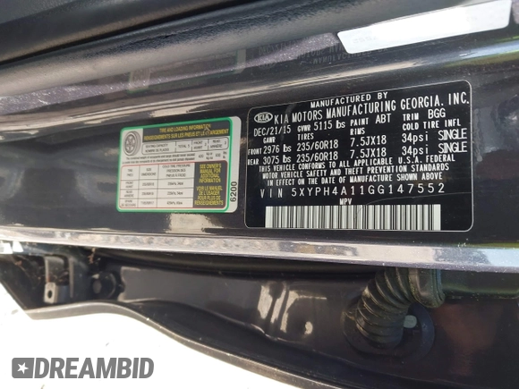 2016 Kia Sorento EX with VIN 5XYPH4A11GG147552, listed as a IAAI auction lot 41984320 with 106,494 mi miles. Bid and sale history available at carsss.com. Image 9.