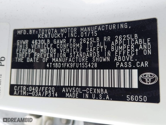 2015 Toyota Camry Hybrid LE with VIN 4T1BD1FK9FU155428, listed as a IAAI auction lot 41666063 with 154,608 mi miles. Bid and sale history available at carsss.com. Image 9.