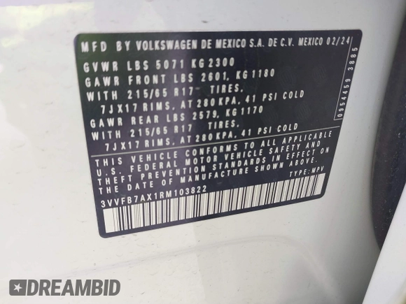 2024 Volkswagen Tiguan S с VIN 3VVFB7AX1RM103822, выставлен на аукционе IAAI как лот 41364247 с пробегом 10 407 миль миль и . История ставок и продаж доступна на DreamBid. Изображение 9.