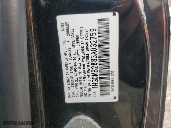 2003 Honda Accord Cpe EX with VIN 1HGCM82683A032759, listed as a Copart auction lot 50019325 with 0 mi miles and Salvage Title. Bid and sale history available at carsss.com. Image 12.
