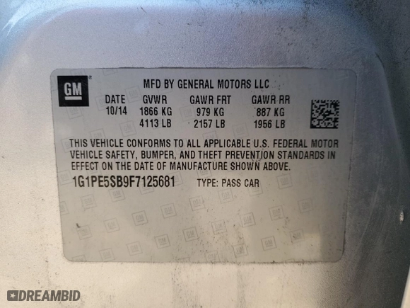 2015 Chevrolet Cruze LT with VIN 1G1PE5SB9F7125681, listed as a Copart auction lot 42515995 with 0 mi miles and Salvage Title. Bid and sale history available at carsss.com. Image 14.