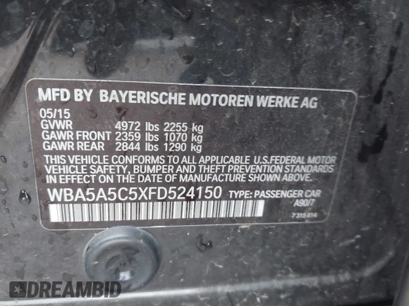 2015 BMW 5 Series 528i with VIN WBA5A5C5XFD524150, listed as a IAAI auction lot 42115568 with 133,145 mi miles and . Bid and sale history available at DreamBid. Image 9.