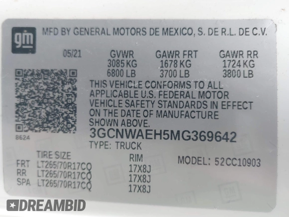 2021 Chevrolet Silverado 1500 Work Truck with VIN 3GCNWAEH5MG369642, listed as a IAAI auction lot 42029233 with 93,036 mi miles. Bid and sale history available at carsss.com. Image 9.