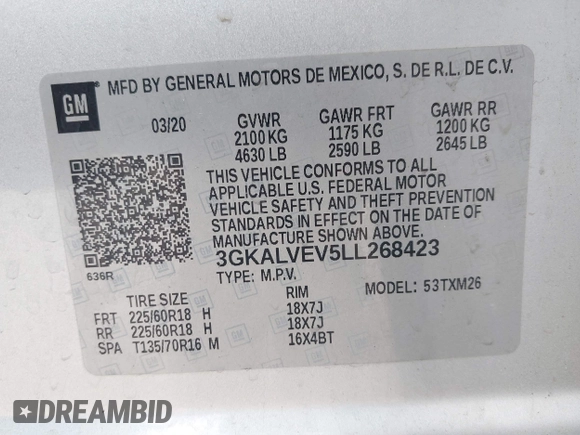 2020 GMC Terrain SLT with VIN 3GKALVEV5LL268423, listed as a IAAI auction lot 42077892 with 104,735 mi miles and . Bid and sale history available at DreamBid. Image 9.
