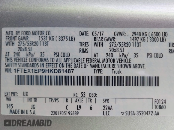 2017 Ford F-150 XL with VIN 1FTEX1EP9HKD81487, listed as a IAAI auction lot 42242265 with 130,276 mi miles and . Bid and sale history available at carsss.com. Image 9.
