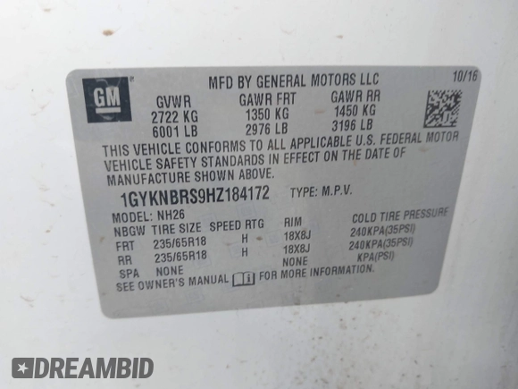 2017 Cadillac XT5 Luxury FWD with VIN 1GYKNBRS9HZ184172, listed as a IAAI auction lot 42135274 with 115,626 mi miles and . Bid and sale history available at DreamBid. Image 9.