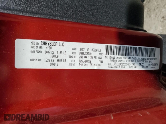 2008 Dodge Dakota Bighorn/Lonestar z VIN 1D7HE38K98S599465, wystawiony jako Copart lot #57168725 z przebiegiem 190 913 mil mil oraz Szkoda całkowita • Salvage title. Historia ofert i sprzedaży dostępna na DreamBid. Obrazek 12.
