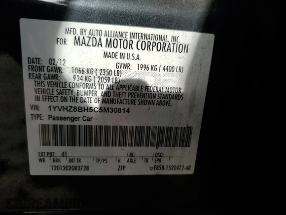 2012 Mazda 6 i Sport with VIN 1YVHZ8BH5C5M30814, listed as a Copart auction lot 53388795 with 194,897 mi miles and Salvage title. Bid and sale history available at DreamBid. Image 12.