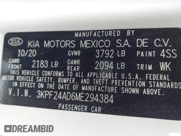 2021 Kia Forte LXS with VIN 3KPF24AD6ME294384, listed as a IAAI auction lot 41215191 with 146,115 mi miles. Bid and sale history available at carsss.com. Image 9.