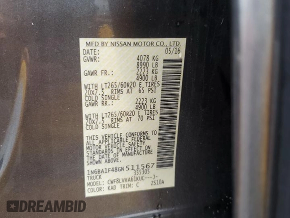 2016 Nissan Titan SL with VIN 1N6BA1F48GN511567, listed as a Copart auction lot 57864775 with 141,545 mi miles and Salvage title. Bid and sale history available at DreamBid. Image 12.