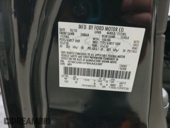 2011 Ford Escape Limited with VIN 1FMCU9EG7BKA53387, listed as a Copart auction lot 46256845 with 176,442 mi miles and Salvage Title. Bid and sale history available at DreamBid. Image 13.