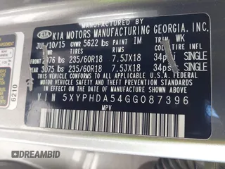 2016 Kia Sorento EX with VIN 5XYPHDA54GG087396, listed as a IAAI auction lot 42242484 with 110,980 mi miles and . Bid and sale history available at DreamBid. Image 9.