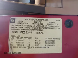 2006 Chevrolet Equinox LS z VIN 2CNDL13F266152680, wystawiony jako IAAI lot #42075385 z przebiegiem Nie podano mil oraz . Historia ofert i sprzedaży dostępna na DreamBid. Obrazek 9.