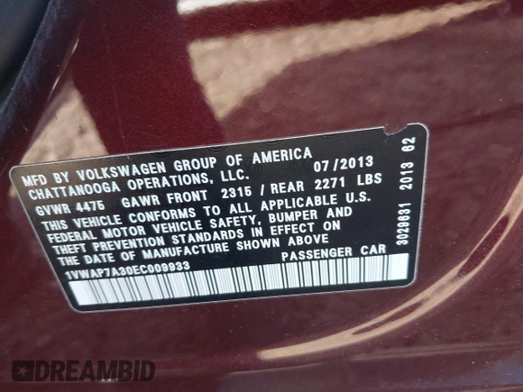2014 Volkswagen Passat S w/Nav with VIN 1VWAP7A30EC009933, listed as a IAAI auction lot 41690840 with 202,200 mi miles. Bid and sale history available at carsss.com. Image 9.