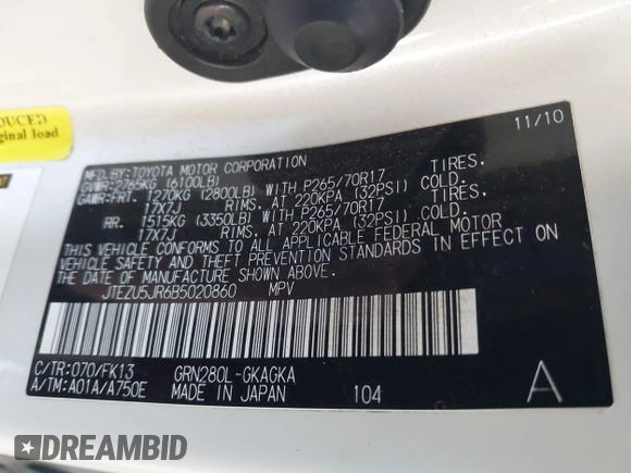2011 Toyota 4Runner SR5 with VIN JTEZU5JR6B5020860, listed as a IAAI auction lot 42183683 with 169,218 mi miles and . Bid and sale history available at DreamBid. Image 9.