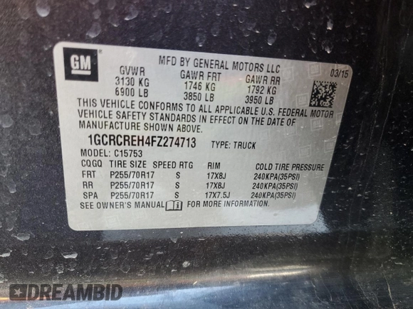 2015 Chevrolet Silverado 1500 LT with VIN 1GCRCREH4FZ274713, listed as a Copart auction lot 49257705 with 134,888 mi miles and Salvage Title. Bid and sale history available at carsss.com. Image 12.