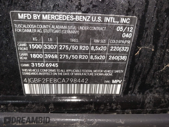 2012 Mercedes-Benz GL 350 with VIN 4JGBF2FE8CA798442, listed as a IAAI auction lot 41752305 with 130,348 mi miles and . Bid and sale history available at DreamBid. Image 9.