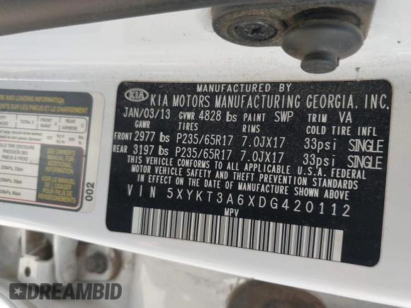 2013 Kia Sorento LX with VIN 5XYKT3A6XDG420112, listed as a IAAI auction lot 42014627 with 1 mi miles. Bid and sale history available at carsss.com. Image 9.