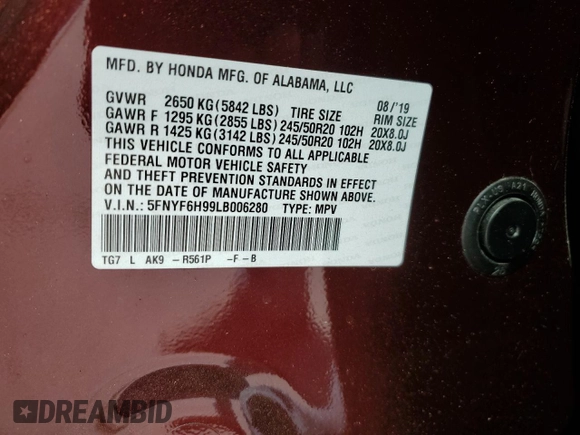 2020 Honda Pilot Touring 8-Passenger with VIN 5FNYF6H99LB006280, listed as a Copart auction lot 48948145 with 36,158 mi miles and Salvage Title. Bid and sale history available at DreamBid. Image 13.