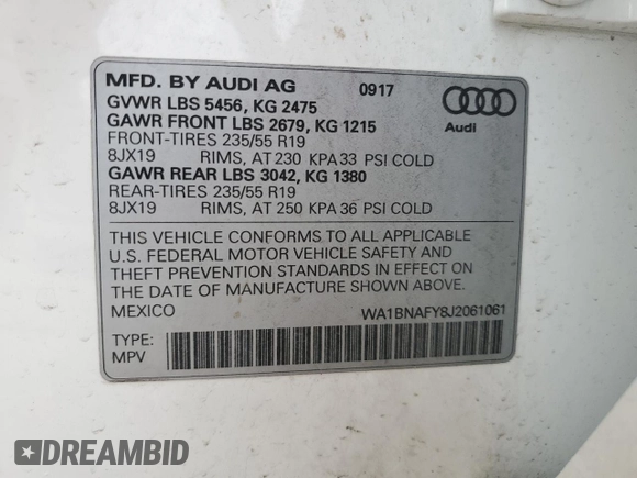 2018 Audi Q5 Premium Plus with VIN WA1BNAFY8J2061061, listed as a Copart auction lot 60143105 with 71,776 mi miles and Clean title. Bid and sale history available at DreamBid. Image 14.