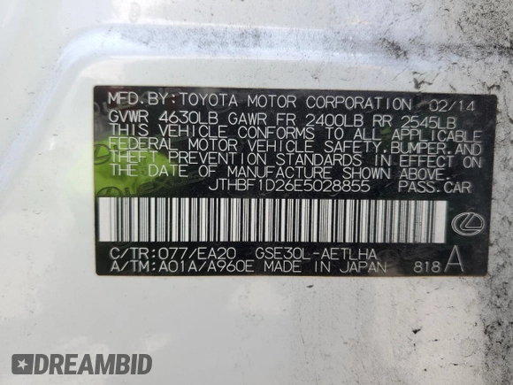 2014 Lexus IS 250 with VIN JTHBF1D26E5028855, listed as a Copart auction lot 61844245 with 113,767 mi miles and Salvage title. Bid and sale history available at DreamBid. Image 12.