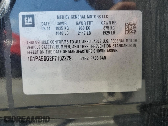 2015 Chevrolet Cruze LS with VIN 1G1PA5SG2F7102279, listed as a Copart auction lot 53270605 with 85,300 mi miles and Clean Title. Bid and sale history available at DreamBid. Image 12.