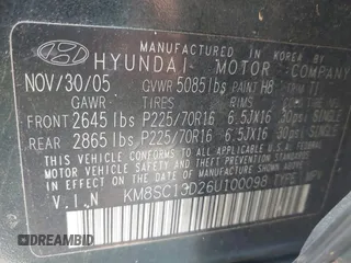 2006 Hyundai Santa Fe GLS with VIN KM8SC13D26U100098, listed as a IAAI auction lot 41985471 with 155,808 mi miles and . Bid and sale history available at DreamBid. Image 9.