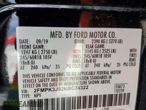 2019 Ford Edge SEL with VIN 2FMPK3J92KBC74322, listed as a Copart auction lot 48760065 with 62,949 mi miles and Salvage title. Bid and sale history available at DreamBid. Image 16.
