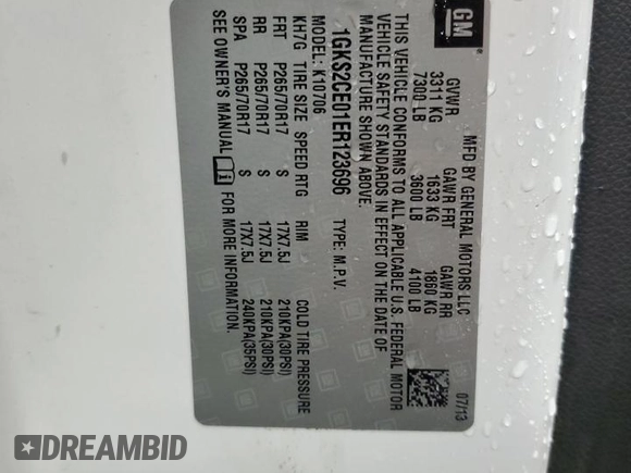 2014 GMC Yukon SLT with VIN 1GKS2CE01ER123696, listed as a Copart auction lot 63401554 with 177,174 mi miles and Salvage Title. Bid and sale history available at carsss.com. Image 13.