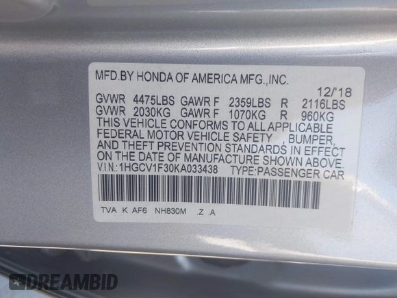 2019 Honda Accord Sedan Sport 1.5T with VIN 1HGCV1F30KA033438, listed as a IAAI auction lot 41758952 with 56,510 mi miles. Bid and sale history available at carsss.com. Image 9.