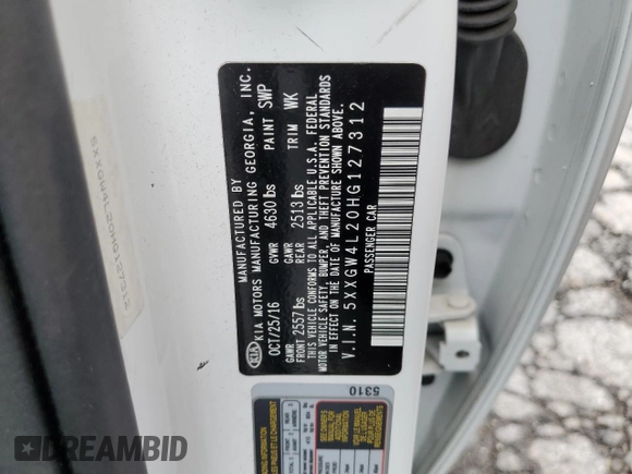 2017 Kia Optima SX with VIN 5XXGW4L20HG127312, listed as a Copart auction lot 56904675 with 116,876 mi miles and Salvage title. Bid and sale history available at DreamBid. Image 12.