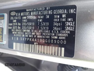 2016 Kia Sorento SXL with VIN 5XYPK4A19GG089000, listed as a IAAI auction lot 41726853 with 73,809 mi miles. Bid and sale history available at carsss.com. Image 9.
