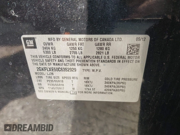 2012 GMC Terrain SLT-2 with VIN 2GKFLXE50C6352929, listed as a IAAI auction lot 42300998 with 174,127 mi miles and . Bid and sale history available at DreamBid. Image 9.