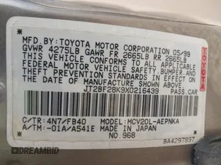 1999 Toyota Camry LE z VIN JT2BF28K9X0216439, wystawiony jako IAAI lot #42213626 z przebiegiem 280 812 mil mil oraz . Historia ofert i sprzedaży dostępna na DreamBid. Obrazek 9.