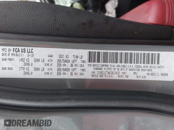 2019 Dodge Durango R/T with VIN 1C4SDJCT0KC817415, listed as a IAAI auction lot 41522875 with 72,728 mi miles and . Bid and sale history available at DreamBid. Image 9.